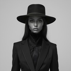 Fototapeta premium Confident Black and White Portrait of Woman in Wide-Brim Hat