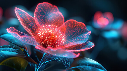 Futuristic Flower Wallpaper with Neon Light Glow and Wireframe Design