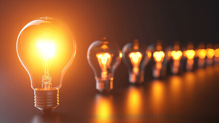 Idea Concept with Row of Light Bulbs and One Glowing Bulb