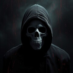 Ominous Skull Figure in Black Hood with Red Splatter