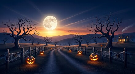 Spooky Halloween Night with Jack-o-Lanterns and Full Moon over a Countryside Road.