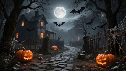 A dark and mysterious Halloween night scene featuring glowing jack-o'-lantern pumpkins, a haunted house under a bright full moon, flying bats, cobwebs, and eerie trees along a cobblestone path. 