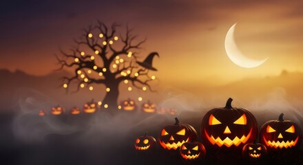 Spooky Halloween Night with Jack-o-Lanterns, Haunted Tree, and Crescent Moon.