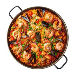 Delicious seafood paella with shrimp, mussels, and vibrant vegetables in a pan, isolated on white background