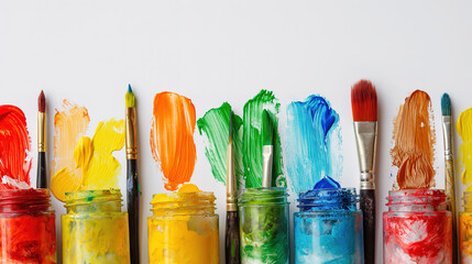 Colorful Paint Brushes and Containers for Creative Art Concept