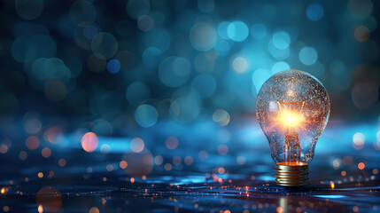 Blue Bokeh Background with Virtual Lightbulb and Brain for Creative Thinking