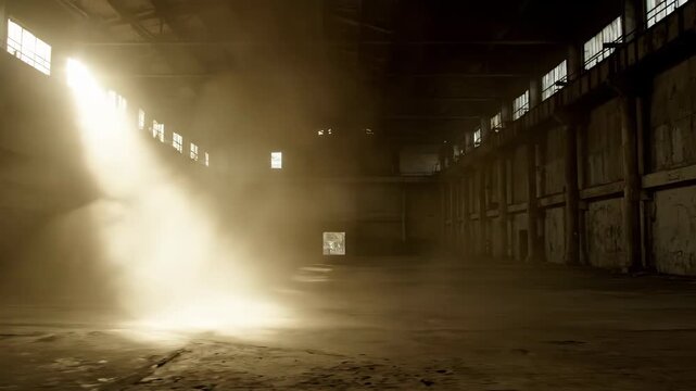 Dramatic Light Beams Piercing Through Dust in a Moody, Empty Interior Space atmospheric, dusty environment, shadows