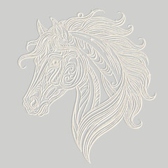 Elegant 3D embossed relief of a horse head with intricate, swirling patterns in the mane and face, set on a light gray background. Monochromatic ornamental animal vector design. Surface emboss texture