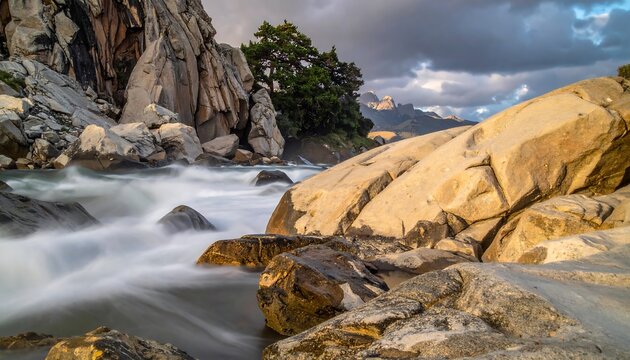 Rocky river rapids at sunset