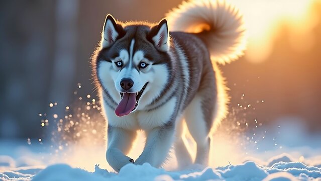 Happy Siberian Husky Dog with Blue Eyes Running in the Snow