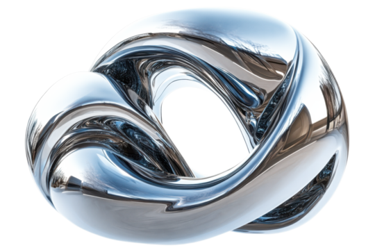 Chrome torus sculpture reflects light creating a modern art abstract design element for backgrounds on transparent background