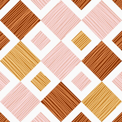 Abstract seamless pattern featuring tessellation of squares and diamonds shapes in a soft, muted, and earthy color palette filled with hand-drawn vertical lines, creating a woven or rustic look