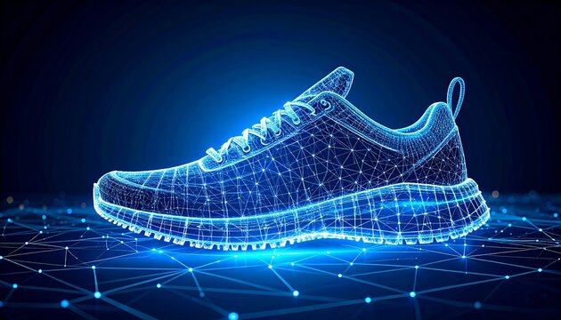 A glowing, wireframe sneaker floats above a network of interconnected nodes. The digital image portrays an athletic shoe