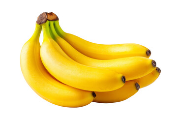 A cluster of freshly picked, ripe yellow bananas with green stems, displayed against a smooth, neutral gray studio backdrop.