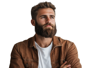 Handsome bearded man in a brown jacket looks thoughtfully into the distance with arms crossed on transparent background