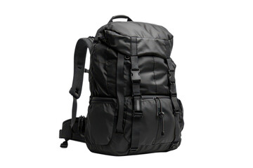 Naklejka premium Sleek black backpack designed for outdoor adventures and travel with multiple compartments and adjustable straps on transparent background