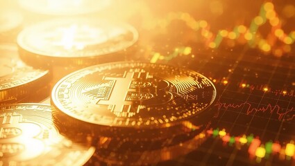 Golden Bitcoin Cryptocurrency Coins with Financial Stock Market Graph Overlay.