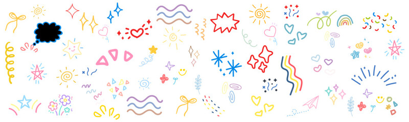 Line icon cute element set. Doodle line color icon decorative arrow, cloud, crown, sparkle and flower. Hand drawn heart. vector icon set