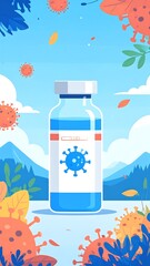 Vaccine bottle amidst virus graphic