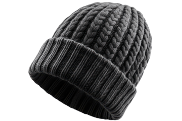 Stylish gray knit beanie hat for winter fashion accessory and warmth close up shot on transparent background