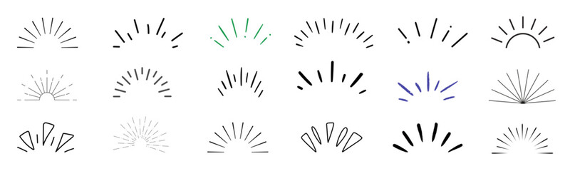 Line icon ray, confetti element set. Starburst line art with hand drawn glitter spark, pop icon shapes and surprise emphasis elements. vector set