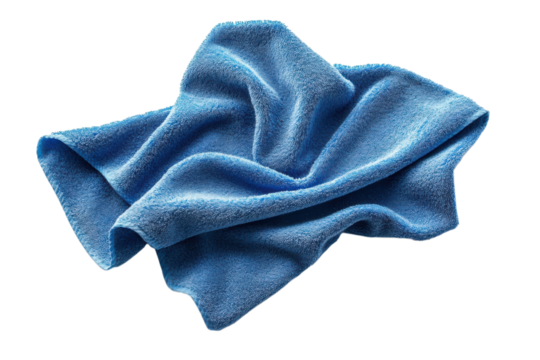 Soft blue microfiber towel perfect for cleaning and household use and car detailing on transparent background