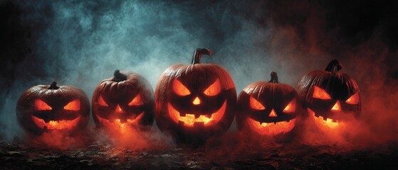 Mischievous glow: a haunted gathering of spooky halloween lanterns. Artistic distortion. Menacing glow: subtly varied spectral pumpkins in a mysterious setting. Fantastical figures.