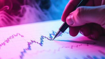 Hand Drawing Stock Market Graph with Pen Under Neon Lights.