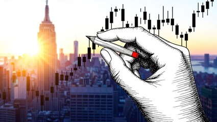 Hand drawing financial charts over a vibrant New York City skyline at sunset, symbolizing market growth and urban development.