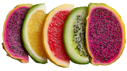 Colorful slices of exotic and tropical fruits including dragon fruit, kiwi, grapefruit, and lemon arranged in a row.