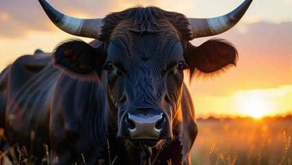 Majestic Bull at Sunset - A Striking Portrait of Rural Life.