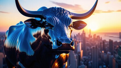 Majestic Bull Statue Overlooking Cityscape at Sunset.
