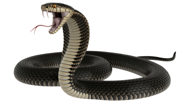 Fierce cobra strikes with open mouth, fangs bared, ready to attack