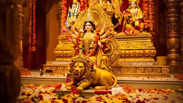 Divine Goddess Durga Idol Displaying Traditional Dhunuchi Rituals and Intricate Gold Ornamentation for Cultural Festival