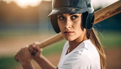A determined female athlete, wearing a helmet, grips a wooden bat over her shoulder, focused expression. The background blurred