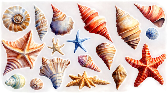 A diverse collection of seashells and starfish, each exuding unique shapes and textures, evokes the tranquil essence of the coast, isolated on clear background