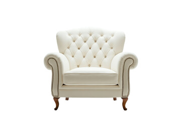 Elegant white tufted armchair with wooden legs, classic upholstered furniture isolated on Transparent Background