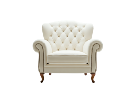 Elegant cream armchair with tufted back and rolled arms for interior design ideas on transparent background