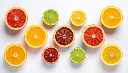 Colorful assortment of halved citrus fruits, including oranges, blood oranges, lemons, and limes, are arranged on a clean white background, showcasing vibrant colors and textures in a top-down flat...