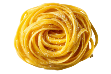 A coiled nest of raw yellow tagliatelle pasta, sprinkled with fine seasoning, presented on a clean white background.