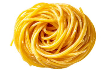 A nest of uncooked spaghetti pasta coiled on a white background.