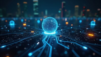 Illuminated sphere of digital data energy floats above a circuit board, with glowing blue lines and dots, suggesting modern technology and futuristic concept set against a blurred cityscape...