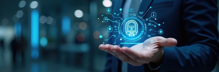 Illuminated digital interface depicting secure transit services and data networks floats above a hand of an individual dressed in professional attire, showcasing technological innovation and...