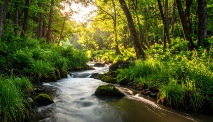 Obraz premium Sunlight streams through a lush forest, illuminating a babbling brook