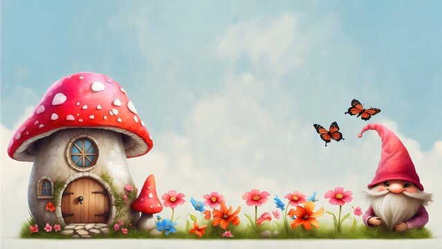 A whimsical mushroom house with a friendly gnome and butterflies in a picturesque garden setting, on watercolor blue backdrop 