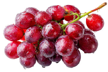 A close-up view of a fresh bunch of red grapes with water droplets, isolated on a white background.