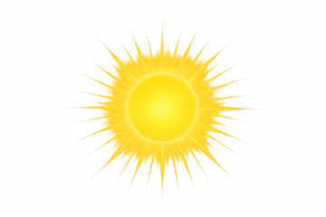Yellow bright sun icon generating light rays and warm energy, featuring a summer weather symbol on transparent background