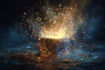 Vibrant Golden Spark Burst from Mysterious Dark Box on Ethereal Ground.