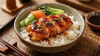 Fototapeta premium Teriyaki chicken served over rice with steamed vegetables in a ceramic bowl