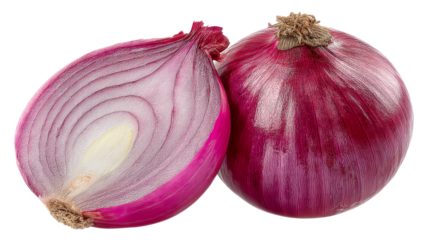 Two red onions, one whole and one cut in half, against a white background, showcasing their layered structure.